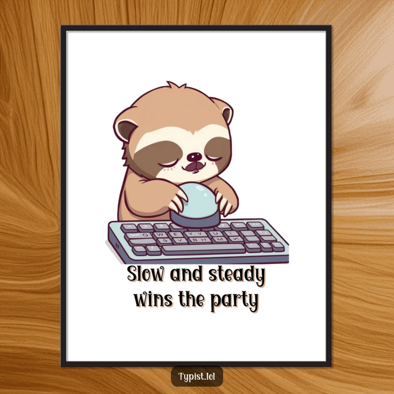Funny Free Printable Wall Art: A sleepy sloth slowly pushing a big button on a keyboard, embodying procrastination, downloadable poster.