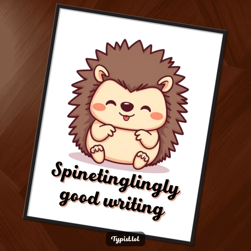 Funny Free Printable Wall Art: A happy hedgehog uses all its little paws to type with great enthusiasm.
