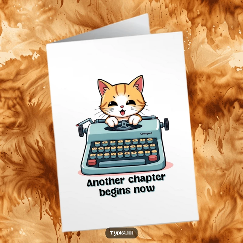 Funny free printable birthday card of a cat typing enthusiastically on a giant typewriter, great DIY gift.