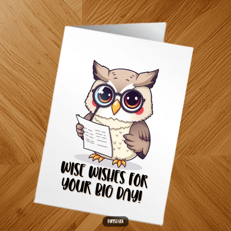 Funny Free Printable Birthday Card featuring a curious owl wearing a monocle, intently reading a document with a scholarly expression.