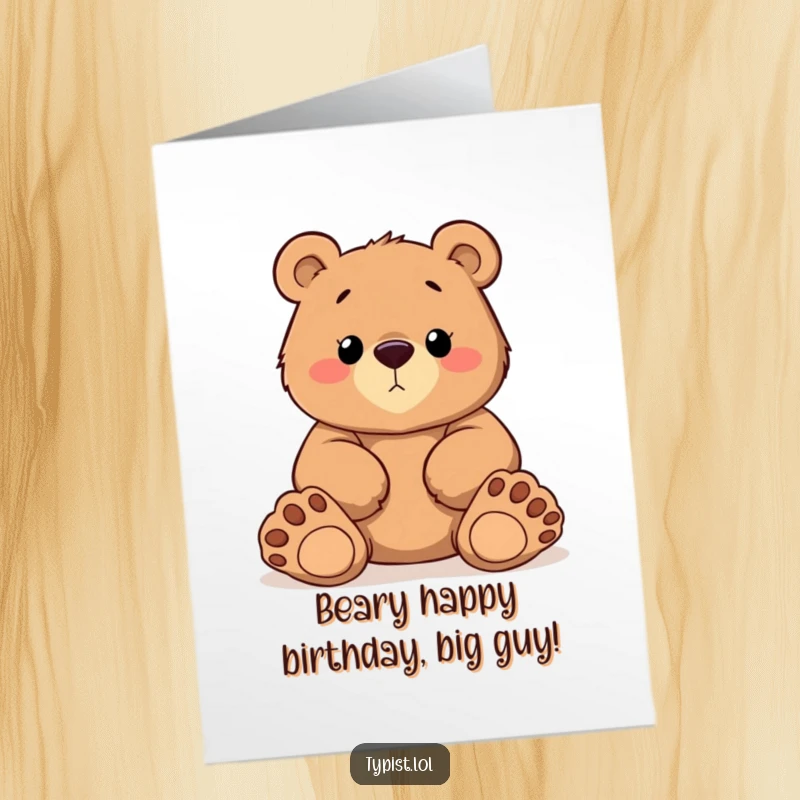 Funny Free Printable Birthday Card: A determined bear typing with huge, clumsy cartoon paws, perfect for a funny birthday wish.