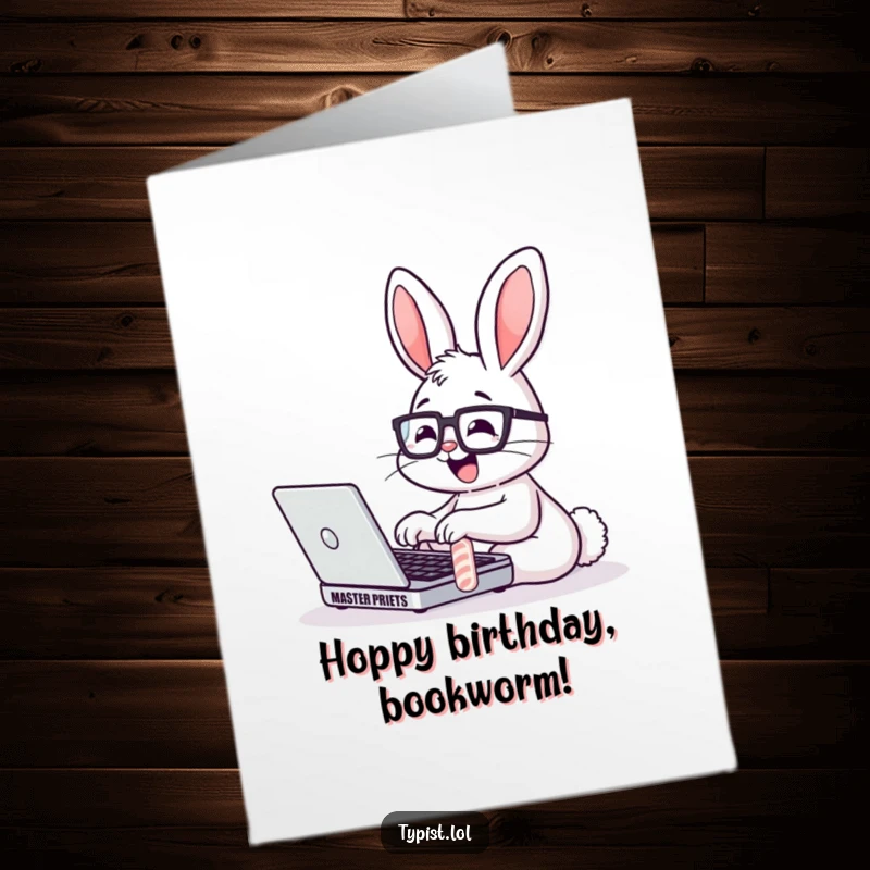 Funny Free Printable Happy Birthday card featuring a joyful bunny in glasses typing furiously on a laptop.