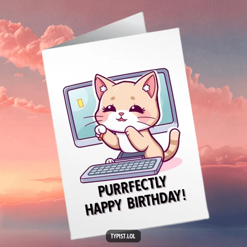Funny Free Printable Birthday Card: A playful cat swatting at a computer cursor on a screen, celebrating a birthday with feline mischief.