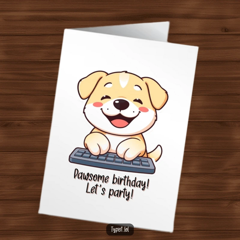 Funny Free Printable Birthday Card: Content dog happily tapping paws on a keyboard, promoting joy and laughter.