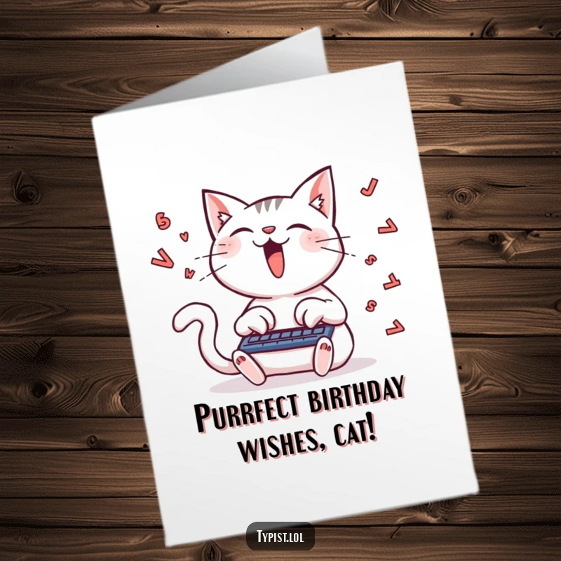 Funny Free Printable Birthday Card: Delighted cat typing furiously with a stream of letters flying behind, pure chaotic energy.
