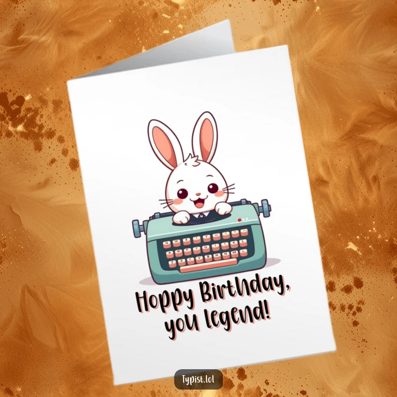 Funny Free Printable Birthday Card: Cheerful rabbit rapidly typing on a huge typewriter, a burst of birthday energy.