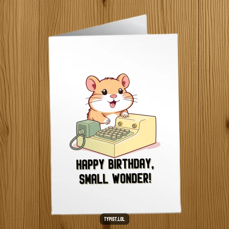 Funny Free Printable Happy Birthday card featuring a playful hamster gleefully operating a clunky vintage typing machine.