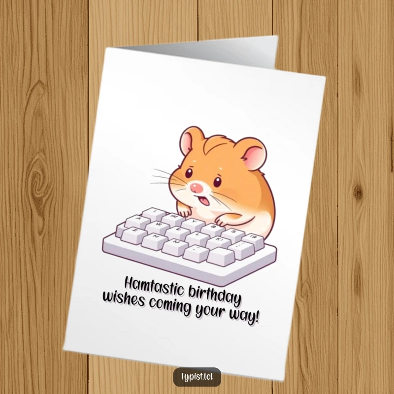 Funny Free Printable Birthday Card: Hyperactive hamster nose-pecking keyboard, sending birthday wishes with techy cheer.
