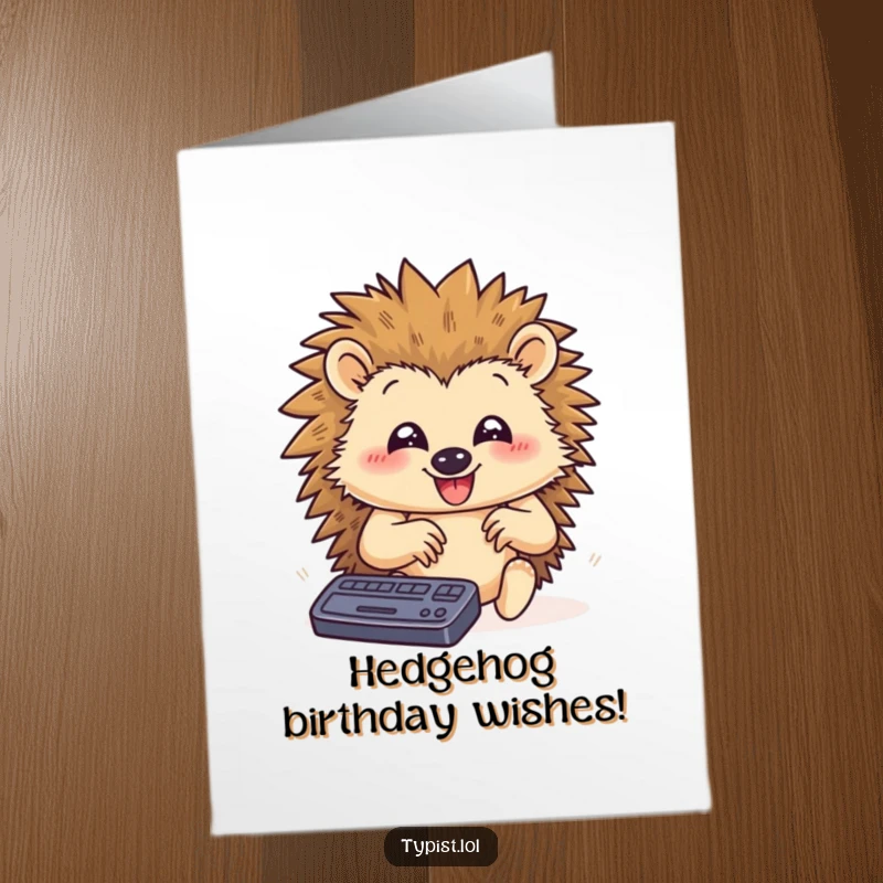 Funny Free Printable Birthday Card: Happy hedgehog typing rapidly with paws flying, a humorous downloadable greeting.