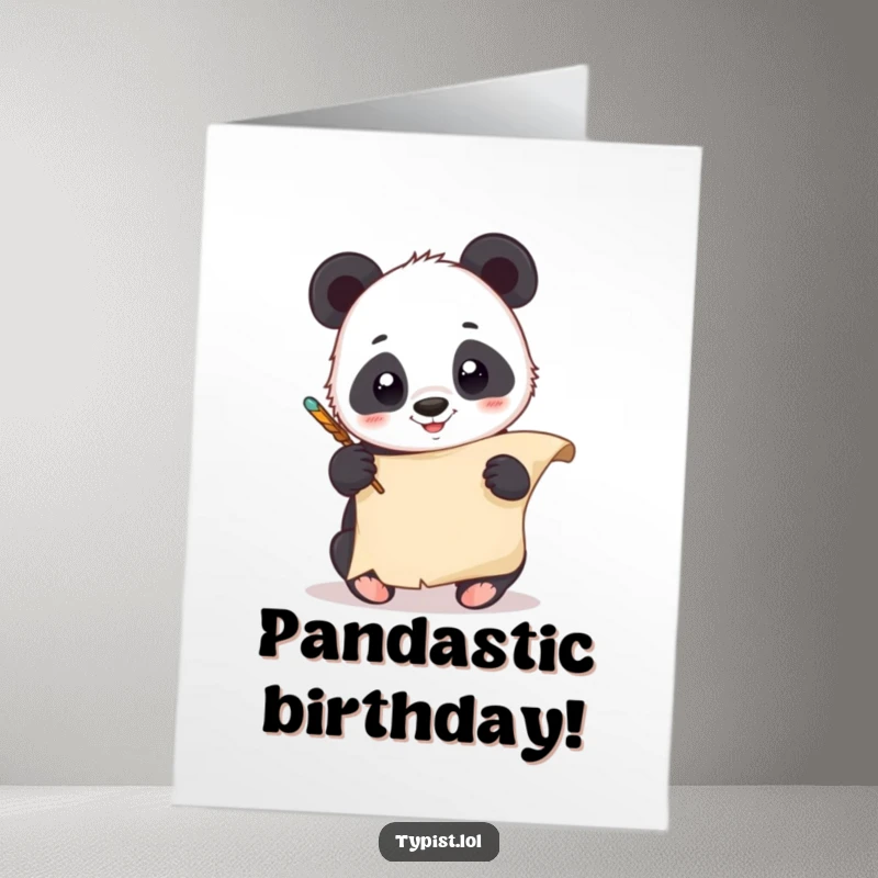 Funny Free Printable Happy Birthday card with a giggling panda holding a quill and scribbling on a scroll.