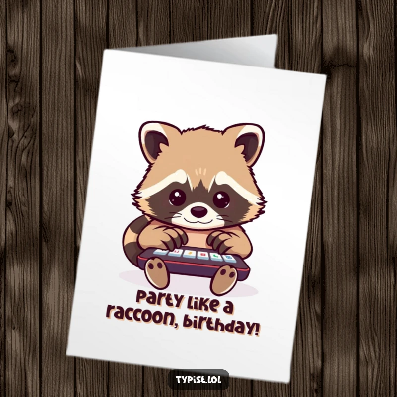 Funny Free Printable Birthday Card: A cheerful raccoon using all its paws to type furiously on a giant keyboard, wishing a wild birthday.