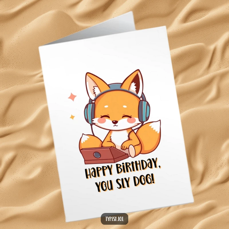 Funny Free Printable Birthday Card: A cute fox in headphones bops its head while typing rhythmically.
