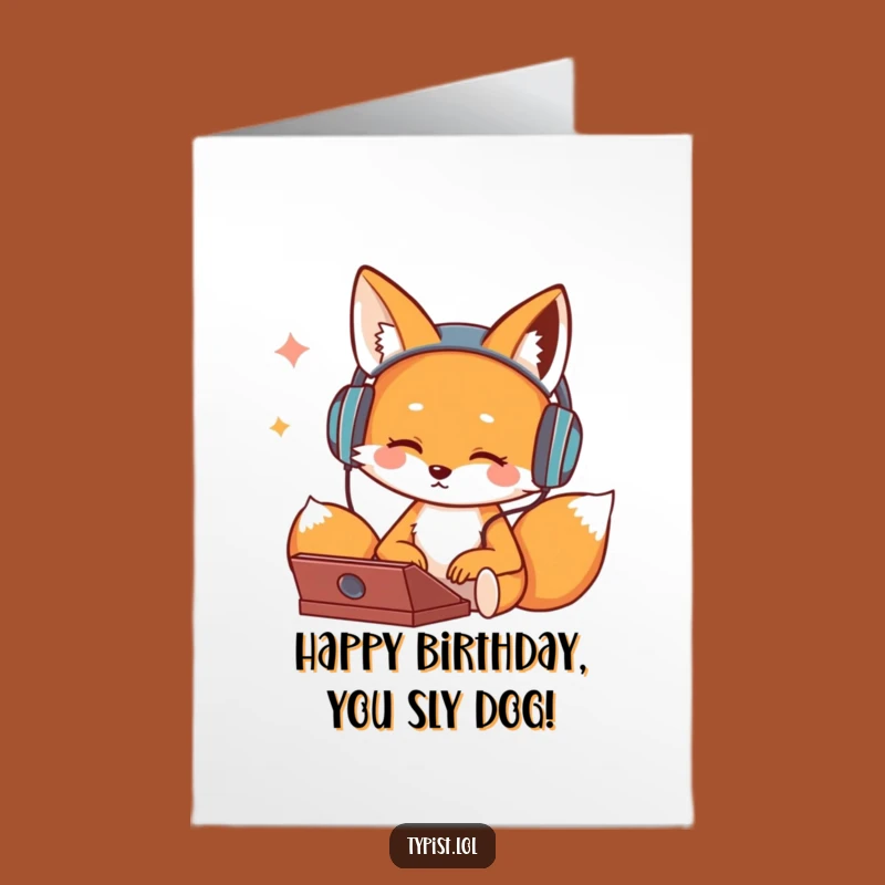 Free Printable Funny Birthday Card: Fox DJ Typing Beats Downloadable Gift