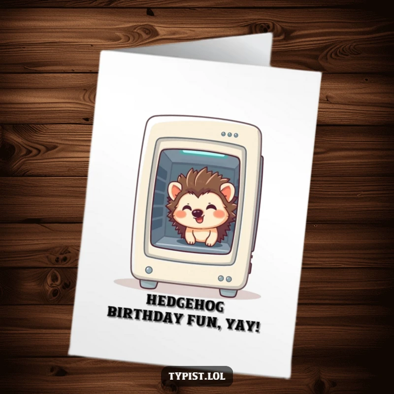 Funny Free Printable Birthday Card: A giggling hedgehog peeking out from inside a computer tower, a techy birthday surprise.