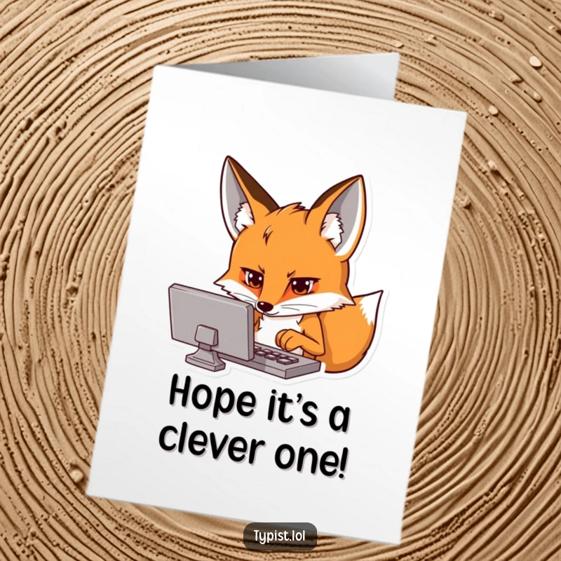 Funny Free Printable Birthday Card: Fox intensely focused on a screen with typing hands, perfect for tech lovers.
