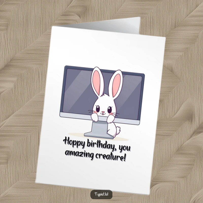 Funny Free Printable Birthday Card: Curious rabbit peeking shyly from behind a giant computer monitor.