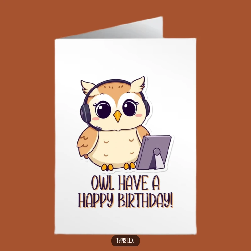 Free Printable Birthday Card: Focused Owl Typist, Downloadable & Smart!