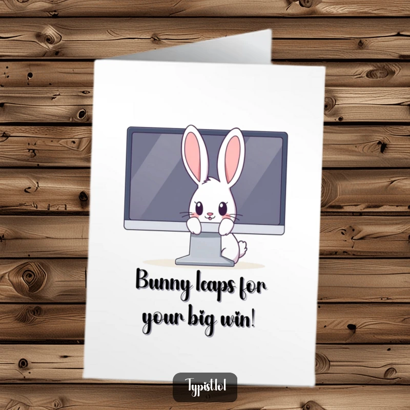 Funny Free Printable Congratulations Card: Shy rabbit peeking out from behind a huge computer monitor playfully.