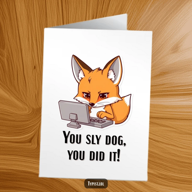 Funny Free Printable Congrats Card: Fox intently staring at a screen, typing furiously, celebrating digital accomplishments.