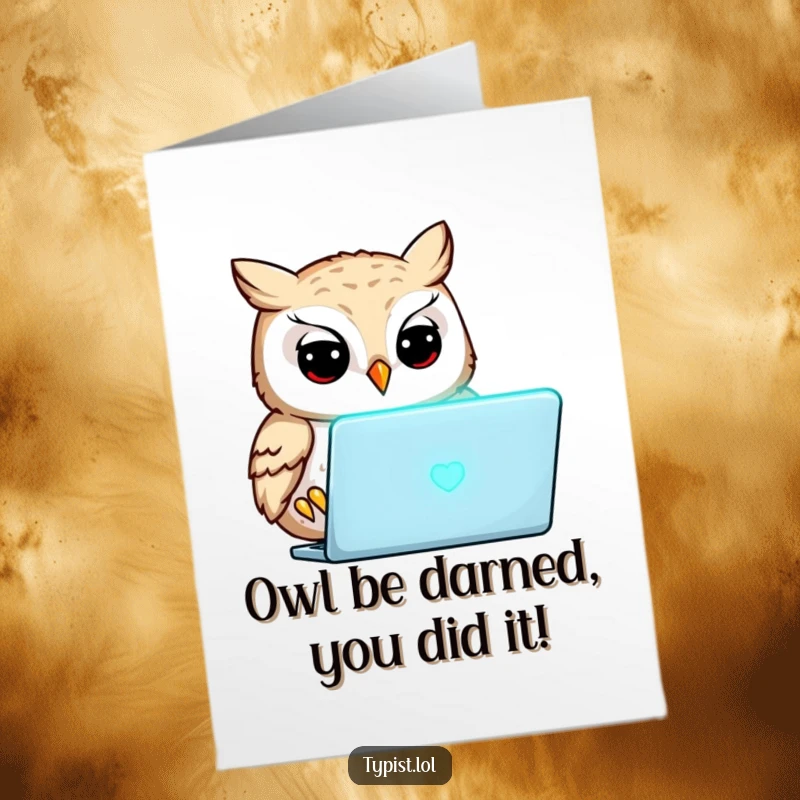 Funny Free Printable Congratulations Card: Focused owl intensely staring at a glowing laptop screen, symbolizing deep thought and success.