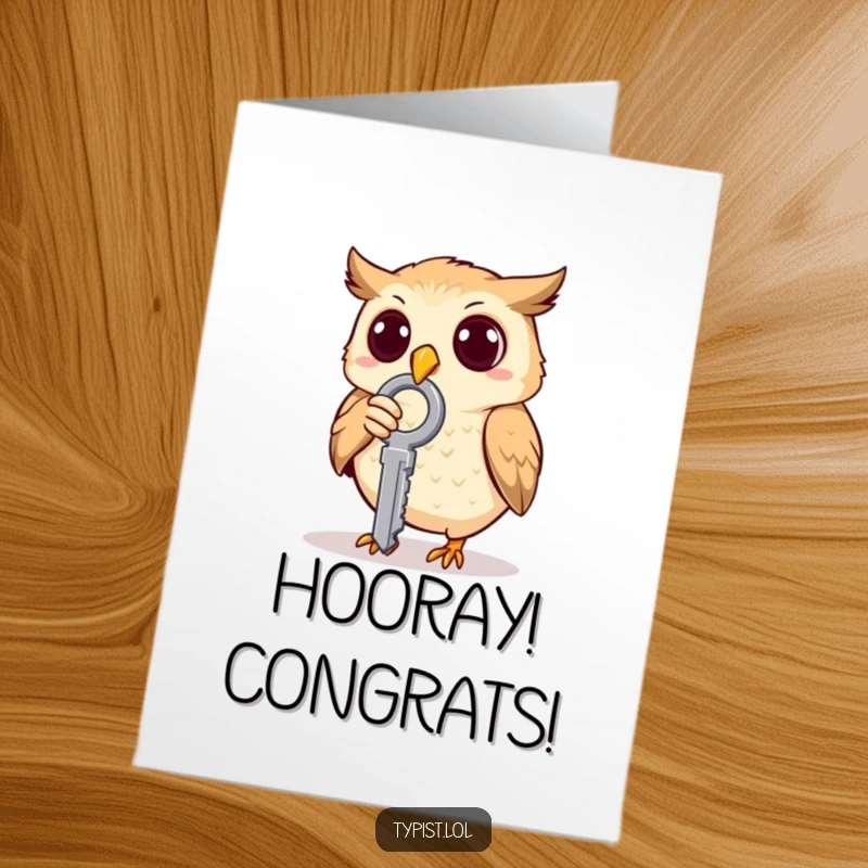 Funny Free Printable Congratulations Card: A surprised owl humorously hitting a single large key with its beak during a celebration.