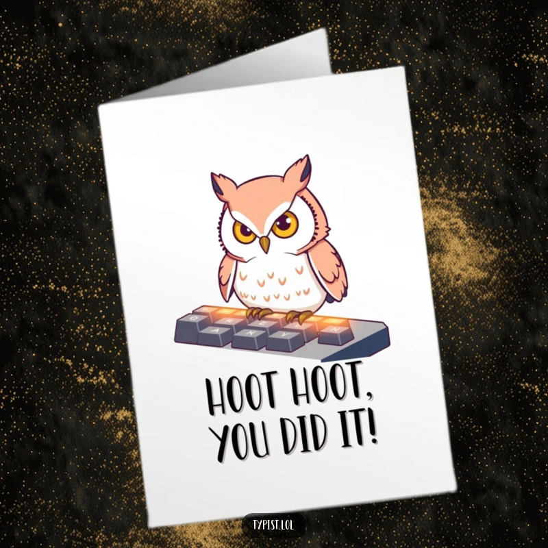 Funny Free Printable Congratulations Card showing a determined owl diligently pecking at glowing keyboard keys with intense concentration.