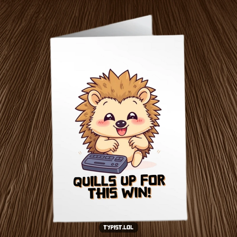 Funny Free Printable Congratulations Card: Happy hedgehog typing rapidly with paws flying, a humorous downloadable gift.