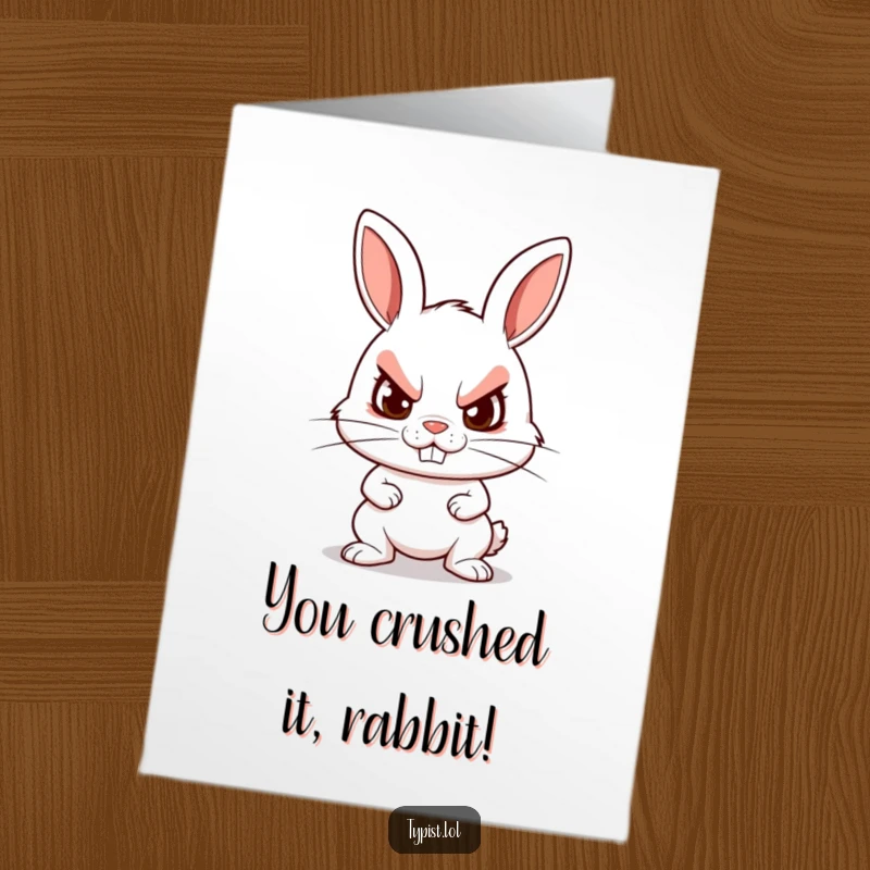 Funny Free Printable Congrats Card: Determined rabbit with a focused grin types furiously, symbolizing achievement.