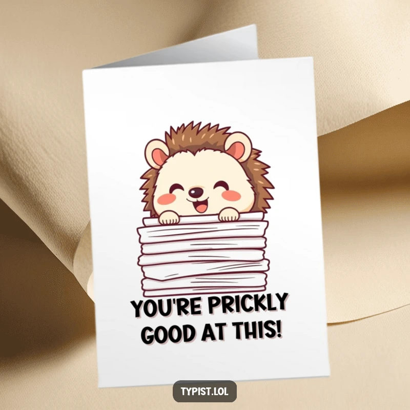Funny Free Printable Congratulations Card: A cheerful hedgehog peeking out from behind a pile of papers, celebrating success.
