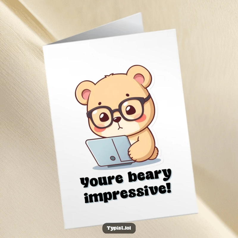Funny Free Printable Congratulations Card: Small bear in reading glasses intently focusing on a screen, representing academic achievement.