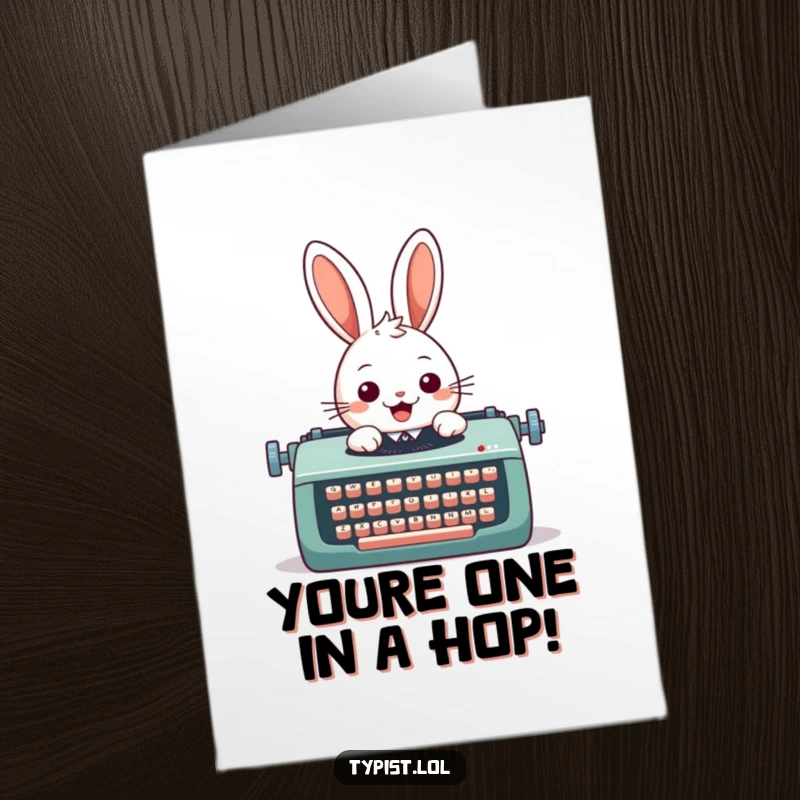 Funny Free Printable Congratulations Card: Enthusiastic rabbit typing furiously on a giant typewriter, celebrating a milestone.