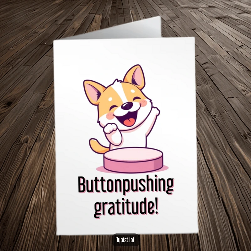Funny Free Printable Thank You Card: Bouncing dog eagerly pushing a large button, symbolizing immense gratitude.