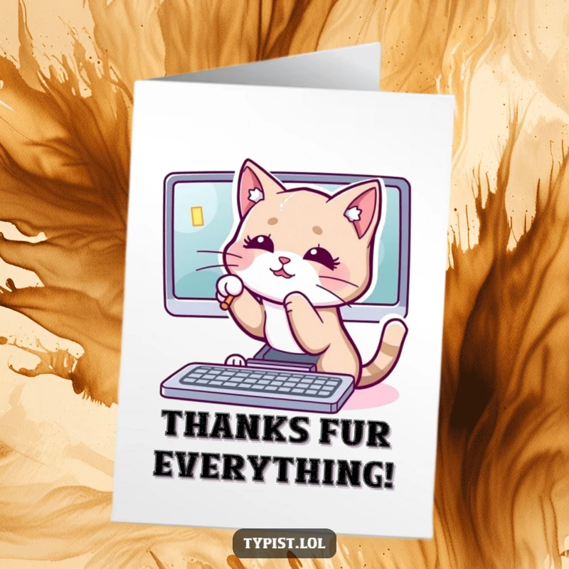 Funny Free Printable Thank You Card: A playful cat swatting at a computer cursor on a screen, expressing thanks with feline curiosity.
