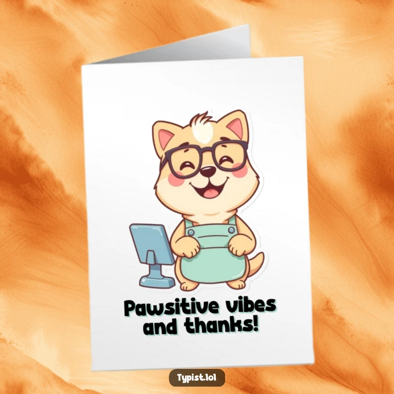 Funny Free Printable Thank You Card: Dog wearing glasses and apron, typing thank you commands with a happy expression.