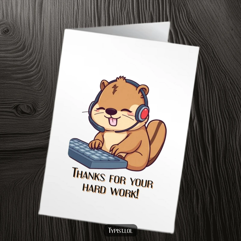 Funny Free Printable Thank You Card: A busy beaver wearing a headset enthusiastically types, conveying thanks for hard work.