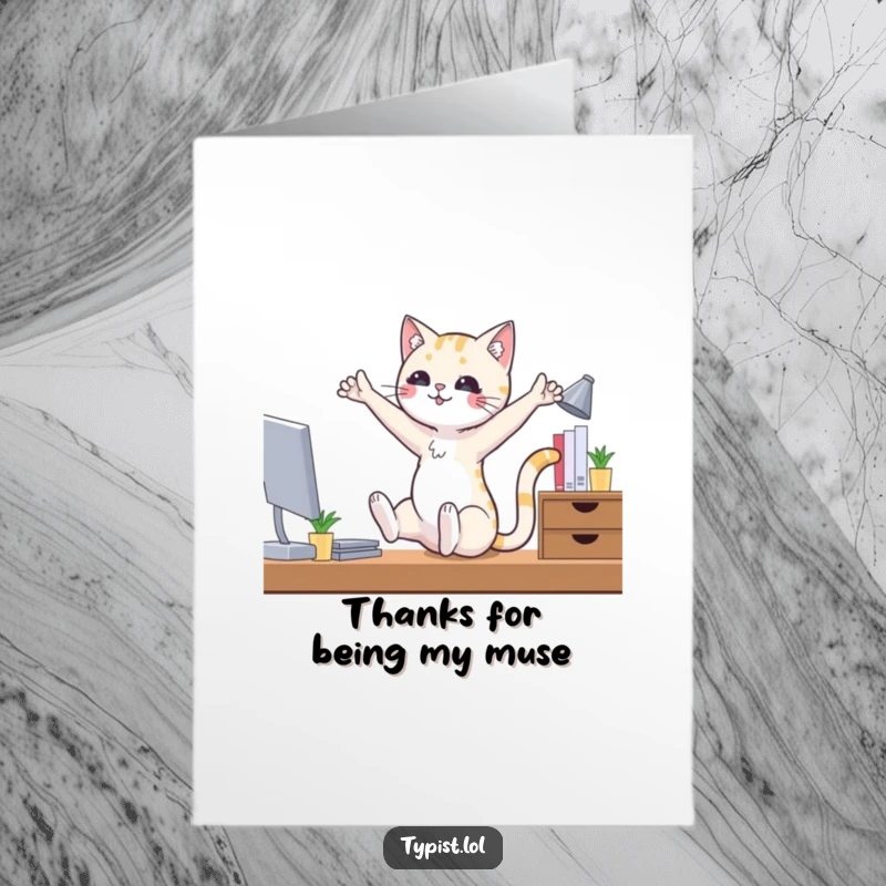 Funny Free Printable Thank You Card: Amusing cat doing ballet at a desk, expressing thanks with quirky charm.