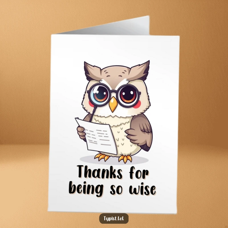 Funny Free Printable Thank You Card: A curious owl wearing a monocle reads a thank you document with a thoughtful expression.