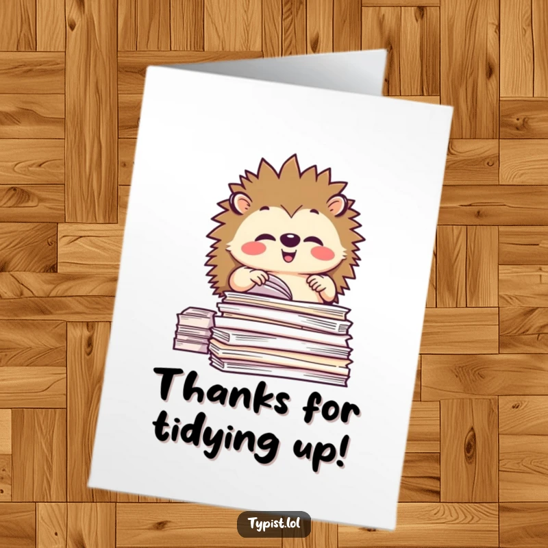 Funny Free Printable Thank You Card: Happy hedgehog carefully organizing stacks of paper, a funny gesture of thanks downloadable.