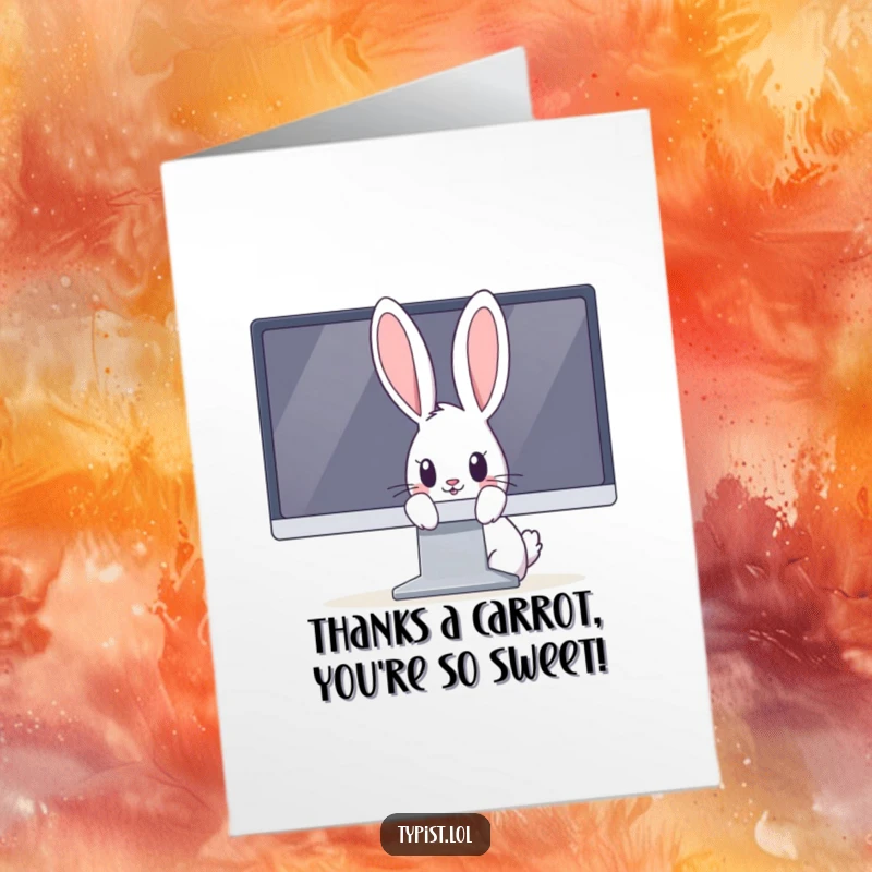 Funny Free Printable Thank You Card: Sweet rabbit peeking inquisitively from behind a massive monitor.