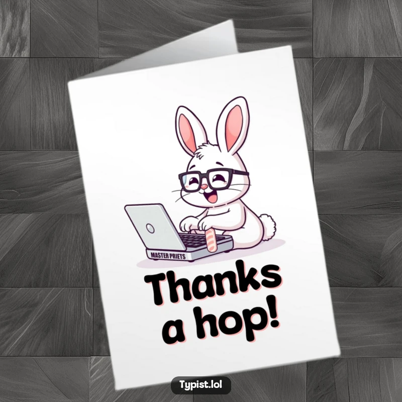 Funny Free Printable Thank You card featuring a studious bunny in glasses furiously typing on a laptop.