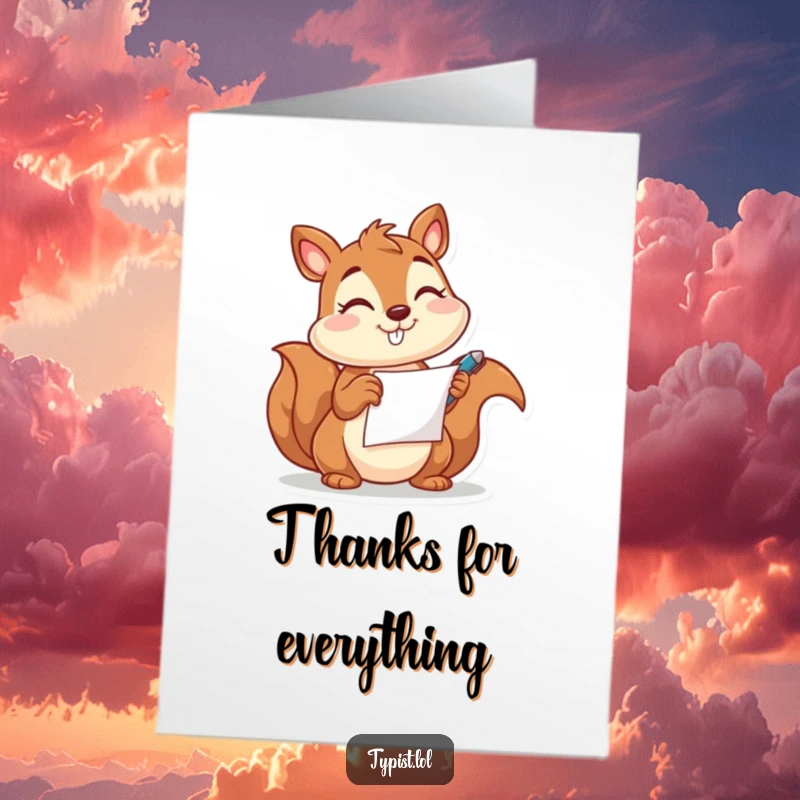 Funny Free Printable Thank You Card: A happy squirrel winks while holding pen and paper to express thanks.
