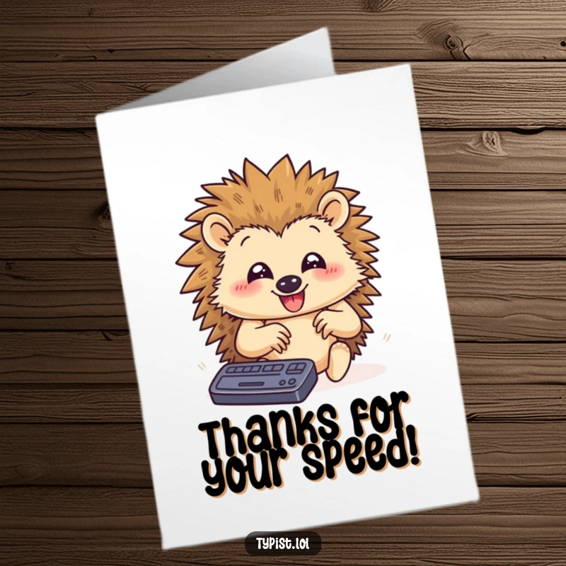 Funny Free Printable Thank You Card: Happy hedgehog typing rapidly with paws flying, a humorous downloadable gift.