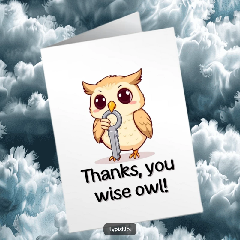 Funny Free Printable Thank You Card: A surprised owl hilariously pecking one large key with its beak, expressing thanks.