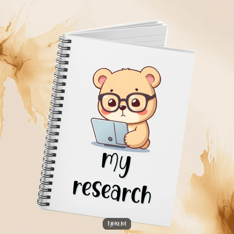 Funny notebook with a small bear wearing reading glasses, intently focusing on a screen, encouraging smart thinking and humor.