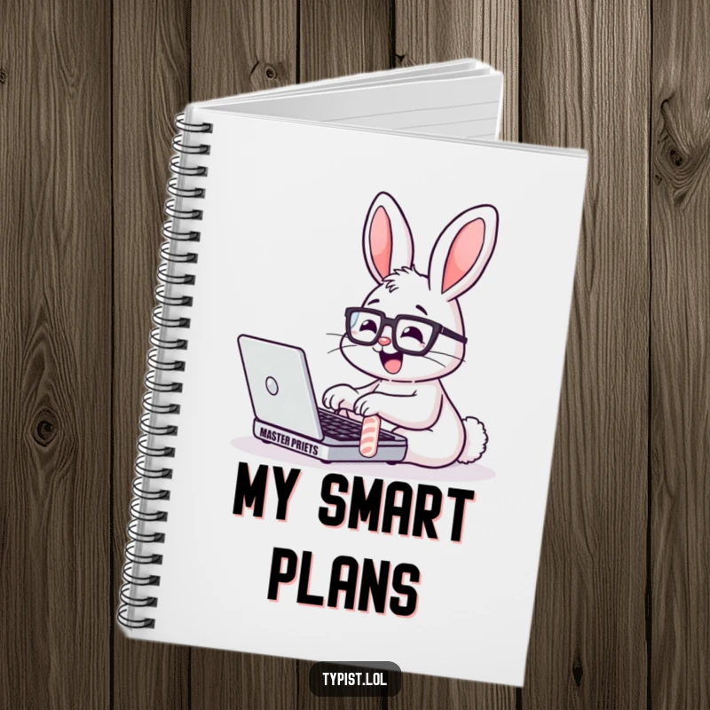 Funny Bunny Glasses Laptop Notebook: A studious bunny types fast on a laptop. Great for fast notes.