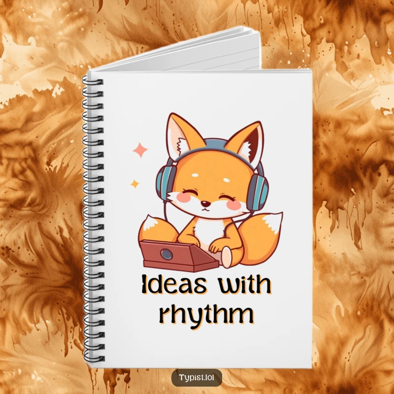 Funny notebook featuring a cute fox character wearing headphones and typing to music, perfect for capturing ideas and lyrics.
