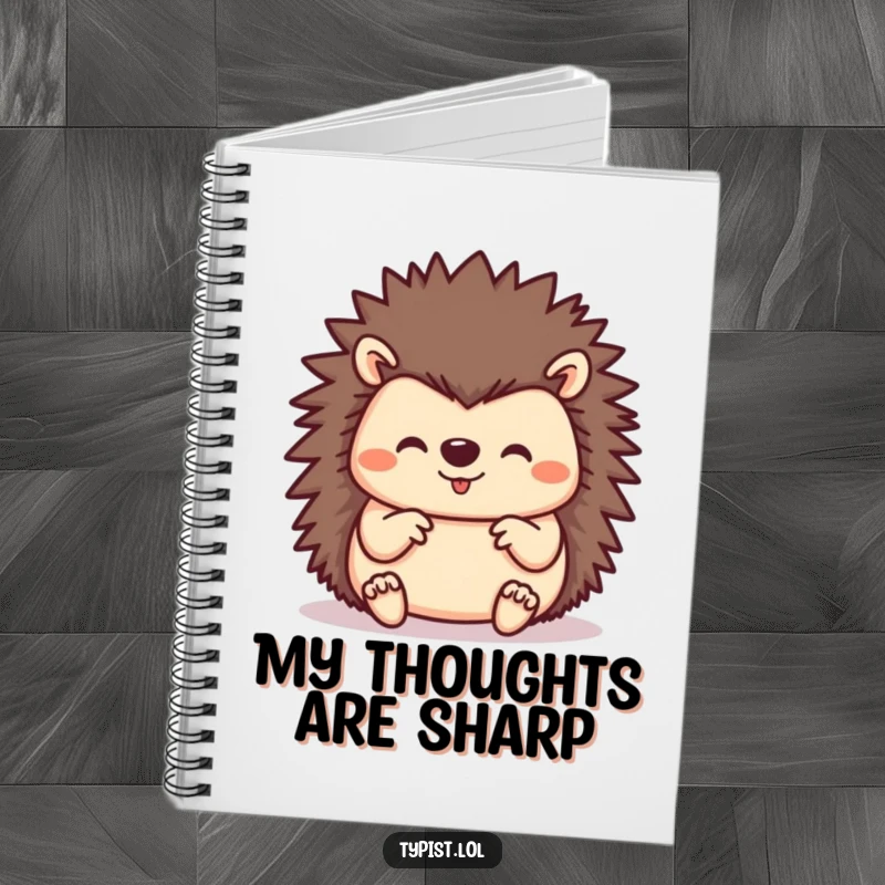 Funny hedgehog using all its tiny paws to type, a charming notebook for busy individuals and hedgehog enthusiasts who love humor.