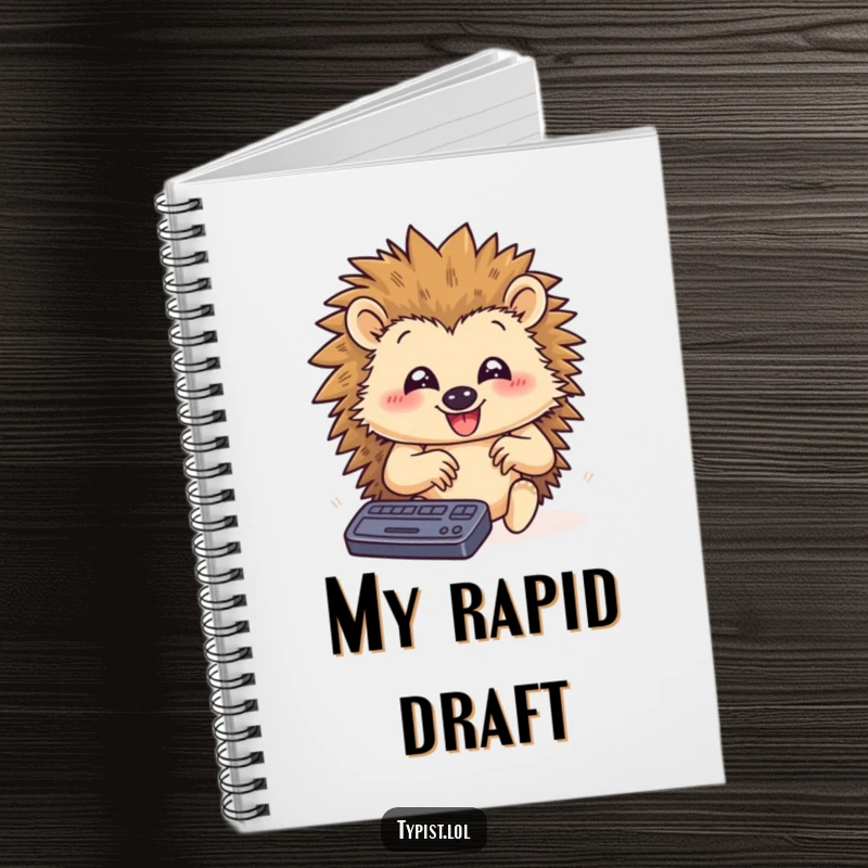 Funny notebook featuring a happy hedgehog typing rapidly with paws flying, ideal for jotting down ideas with a humorous and speedy touch.