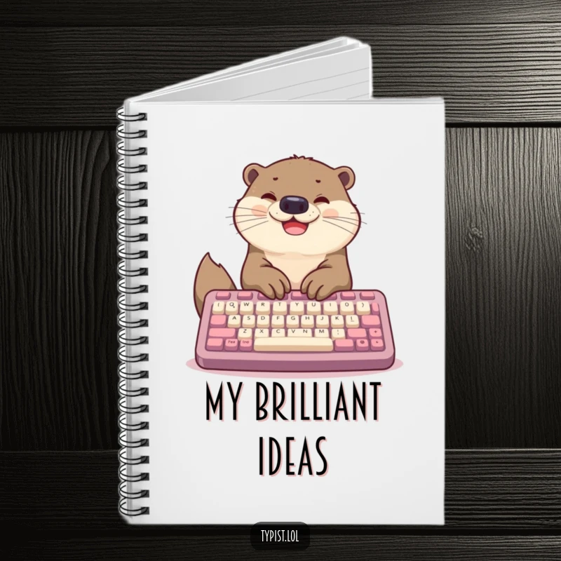 Funny notebook featuring a happy otter typing on a giant keyboard, designed for jotting down ideas and tasks with a productive theme.