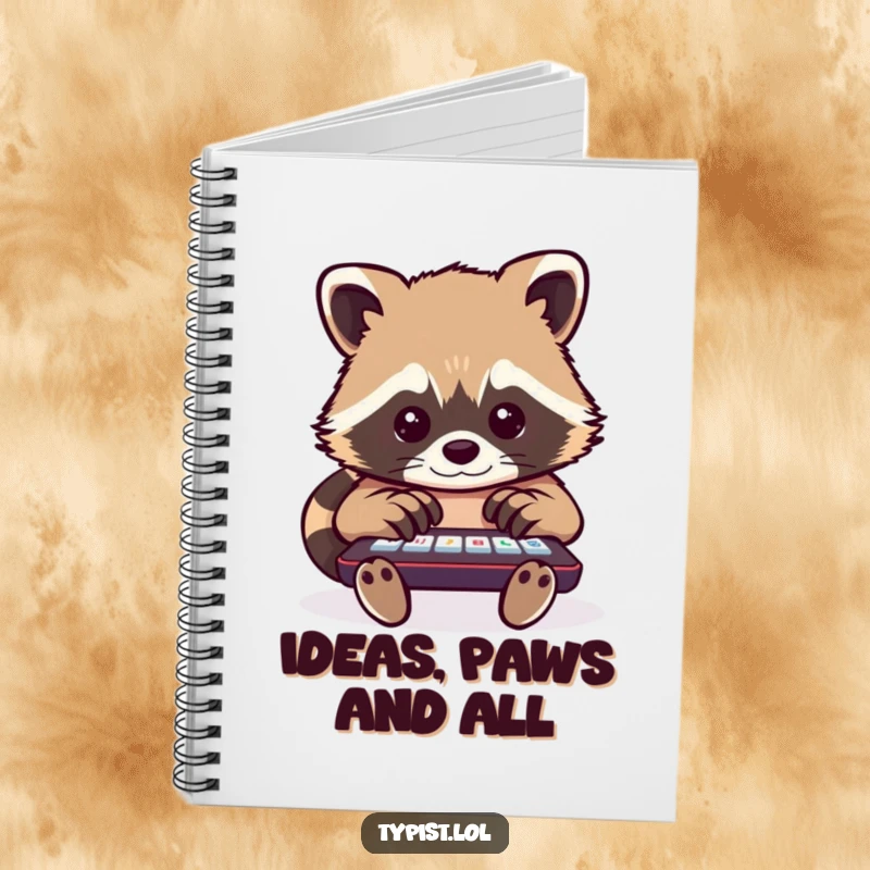 Funny raccoon notebook showing a busy raccoon typing with multiple paws, ideal for note-taking with a multitasking, humorous spirit.